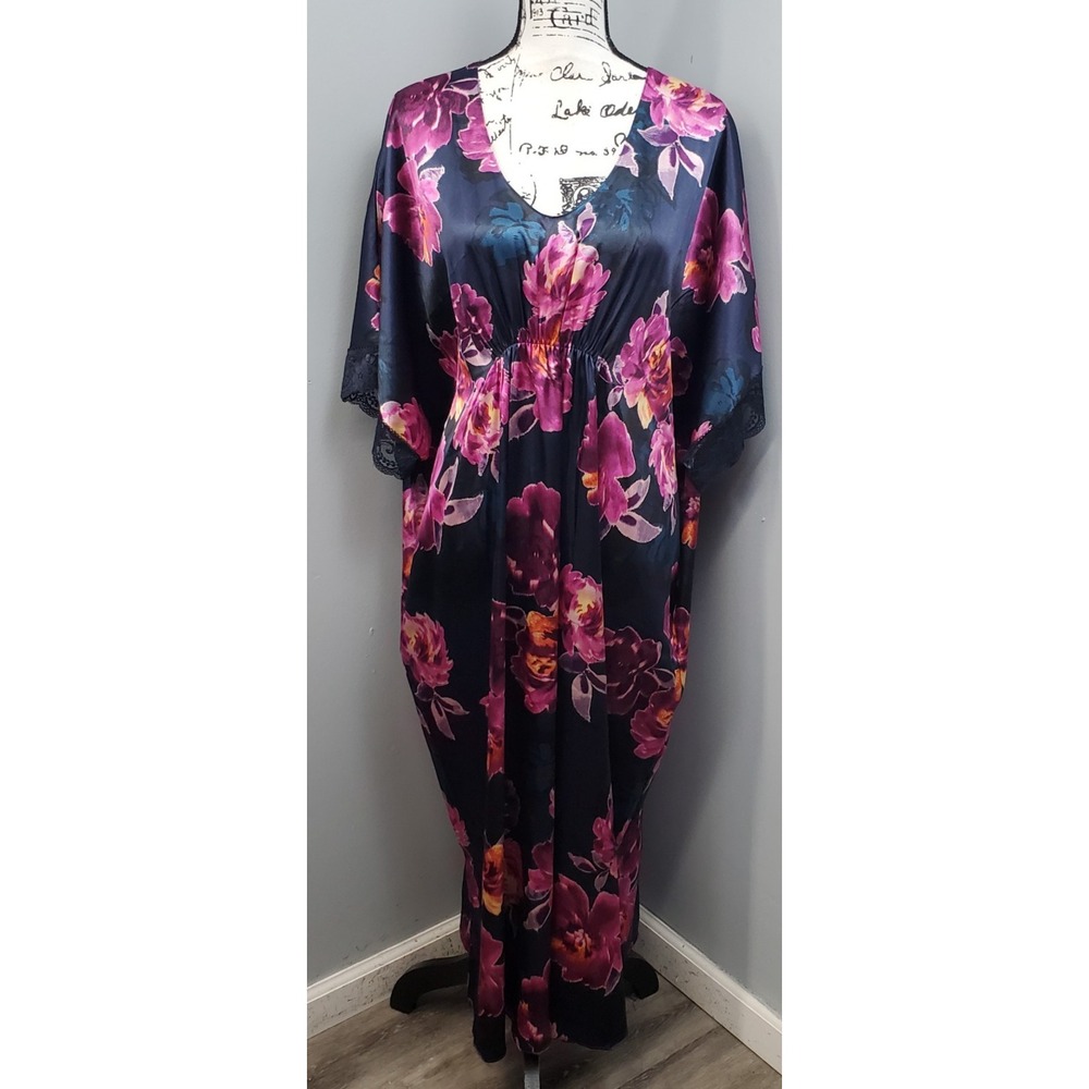 Lilac‎ & London Silky Maxi Dress Womens XL Multicolor Floral Scoop Neck Pleated